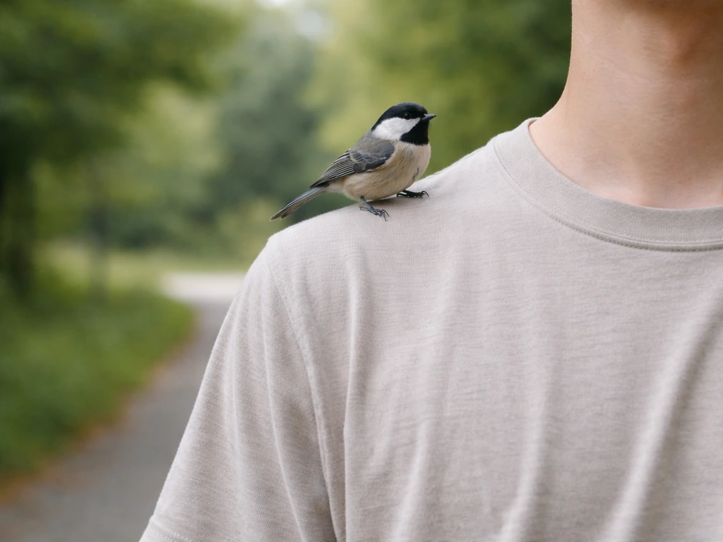 Anonymous person standing still as a small bird lands on their shoulder, head straight, minimal background.