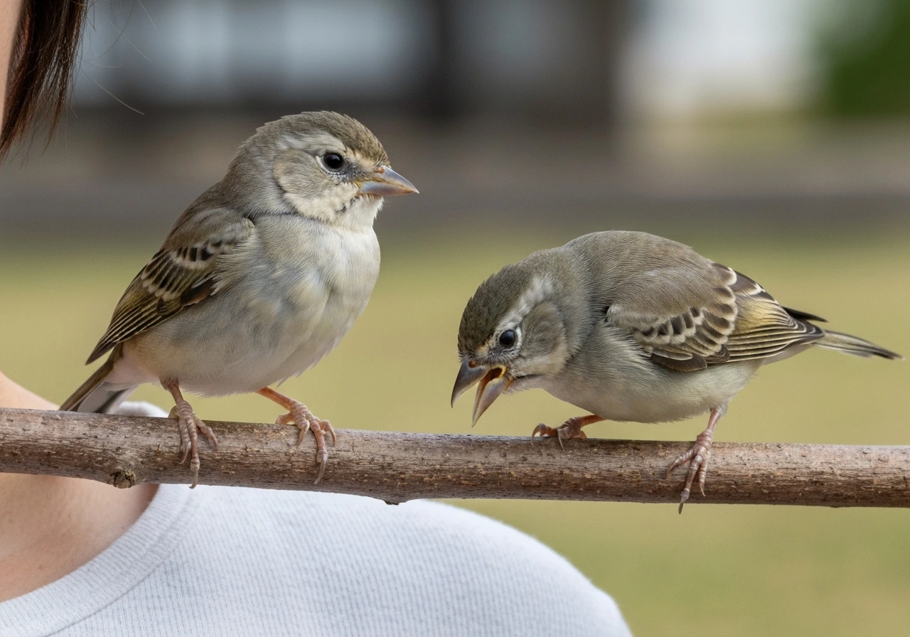 Two small birds on a perch by a shoulder: one relaxed with fluffed feathers, one agitated and leaning forward.
