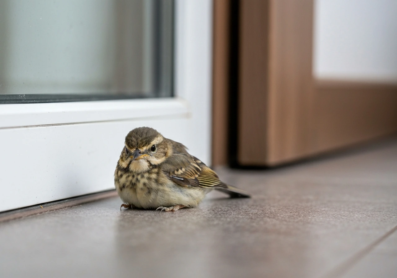 Dazed small bird on the ground with drooped posture near a window, showing signs of injury