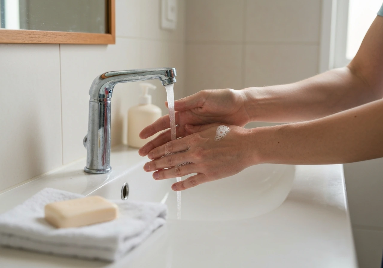Person washing hands at a sink with soap after handling a bird, minimal safe aftercare scene.