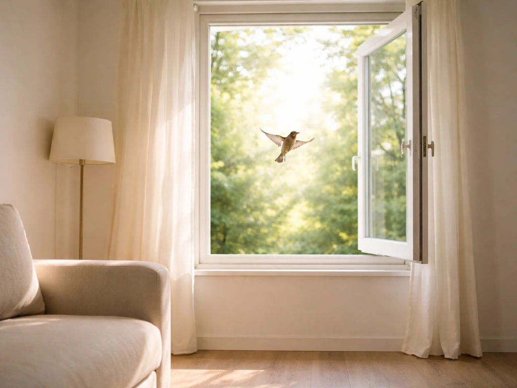Small bird flying toward daylight through an open window in a bright living room, escape made safe.