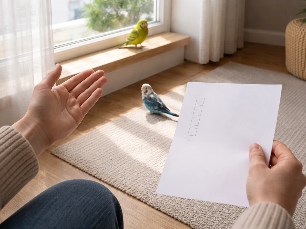 Overhead view of a person assessing a room bird’s position on the floor vs perched, with papers nearby.