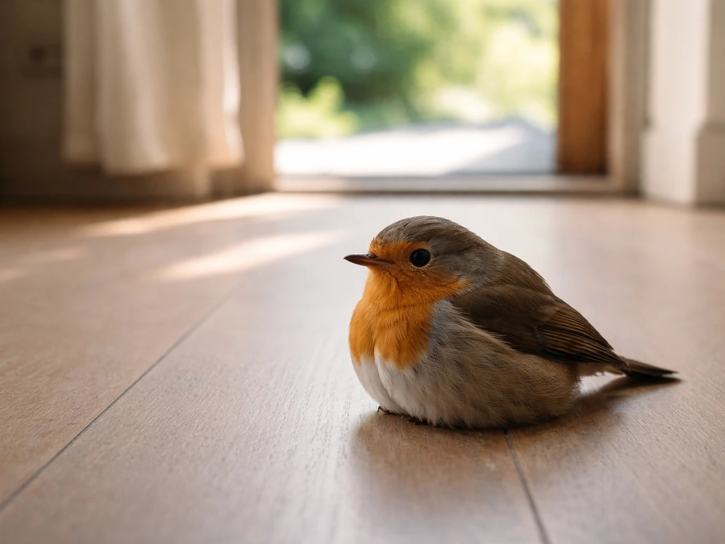 Small wild bird resting on a quiet indoor floor near an open door path outdoors.
