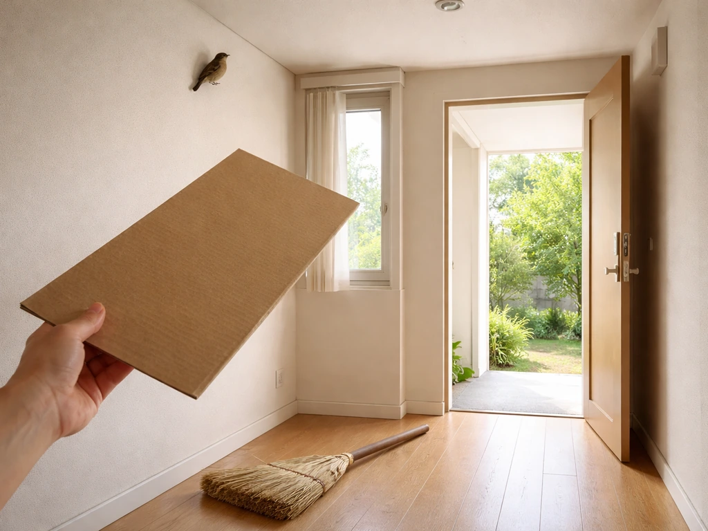 A small bird perched high near the ceiling while a cardboard sheet gently guides it toward an open exit door.