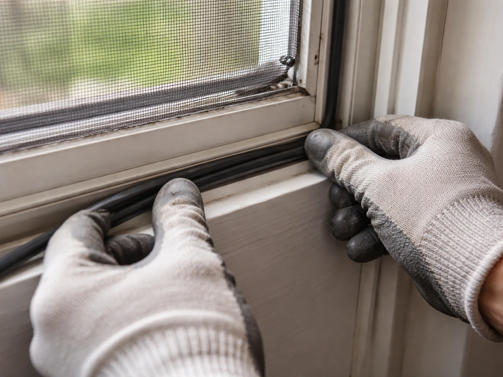 Gloved hands pressing weatherstripping into a window frame gap, with damaged screen hardware visible.
