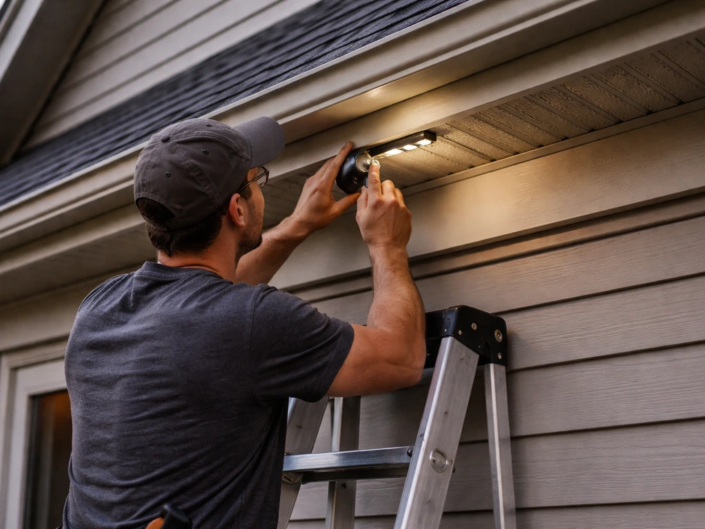 Person inspecting home roof soffit gaps to prevent birds from entering safely