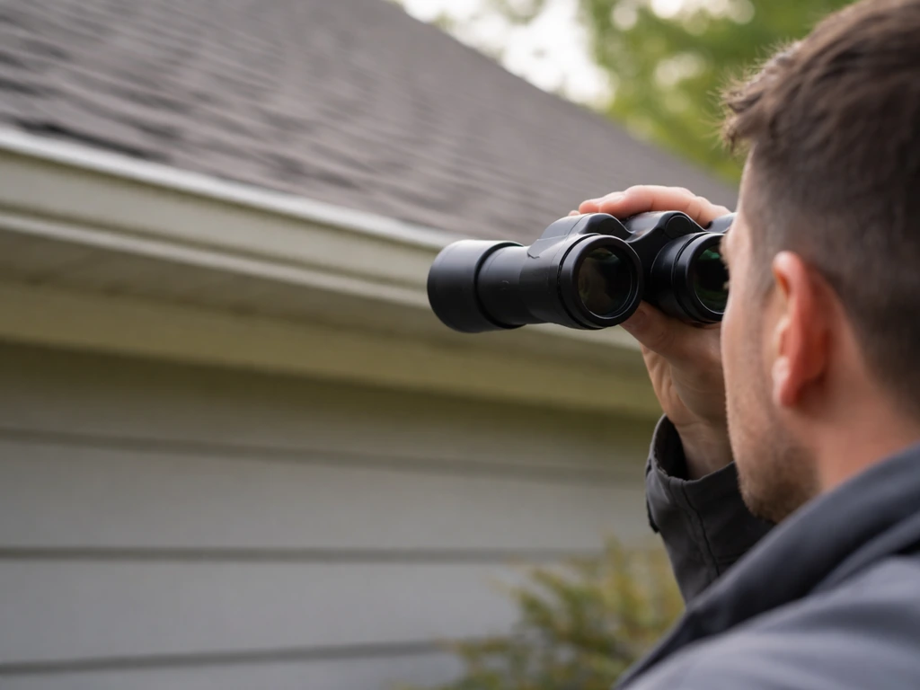 Anonymous person inspecting a home roofline with binoculars to spot likely entry points