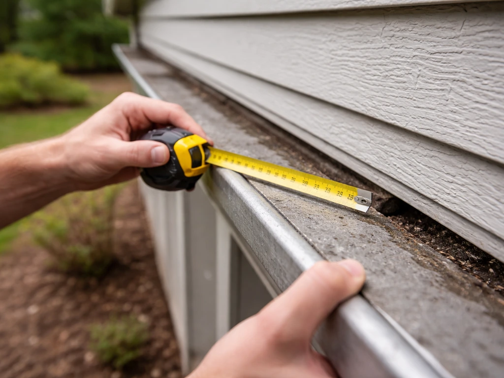 Hands measuring a small gap along the gutter/roof edge during a quiet building perimeter walk-through.