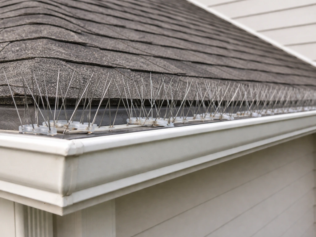 Bird spikes installed along a building roof edge above a gutter, shown in use in soft natural light.