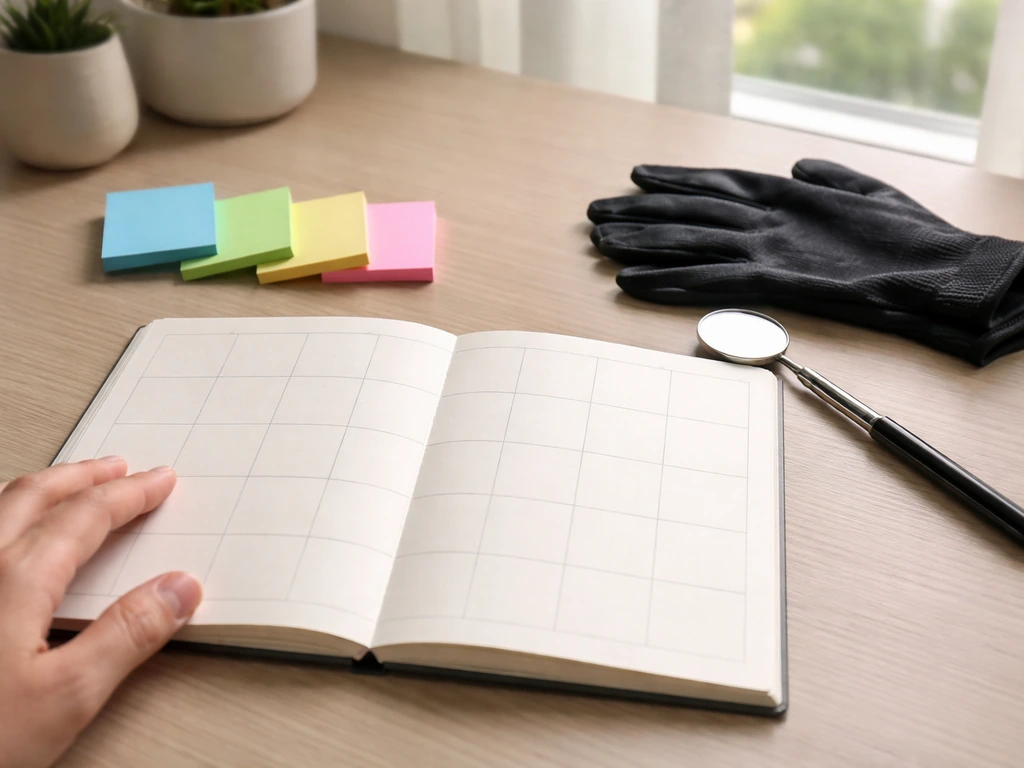 Minimal desk scene with blank calendar grid, sticky notes, and gloves suggesting a seasonal inspection plan.