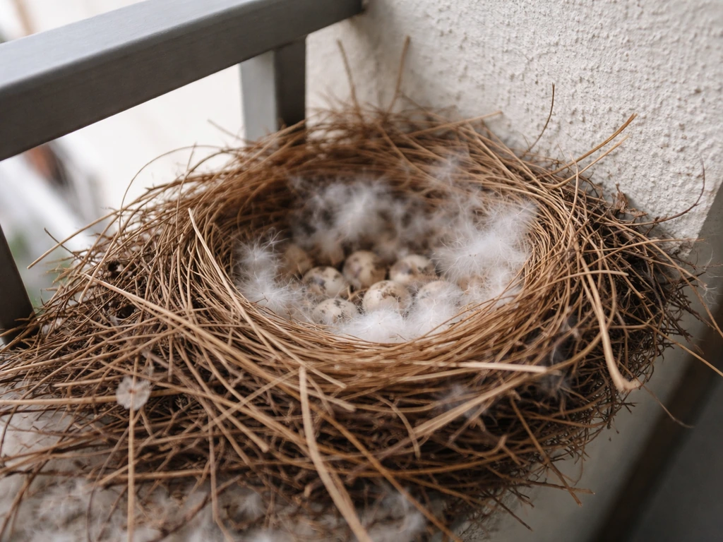 Close-up of a bird nest on a balcony with twigs and soft lining, showing active nesting materials.