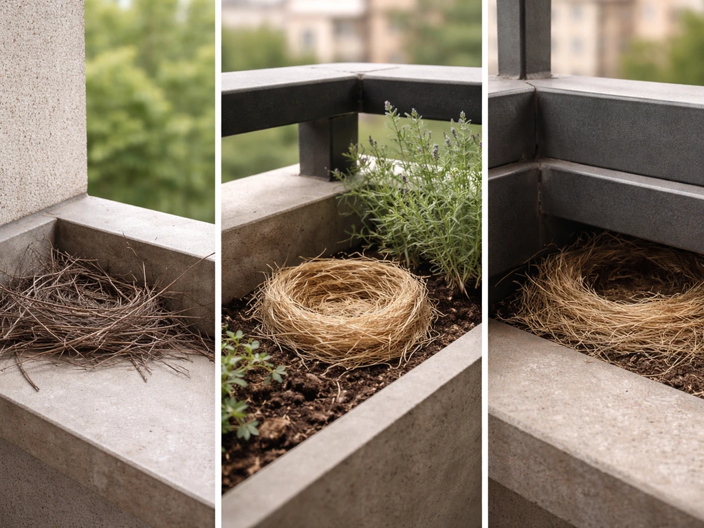 Three close-up balcony nest types: twig platform, cup nest, and cavity-style nest in simple outdoor corners.