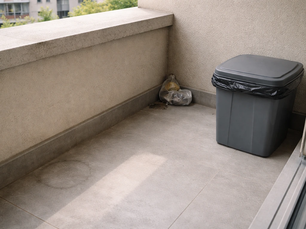 Clean balcony ledge with removed pet bowls, covered trash, and a clear landing surface