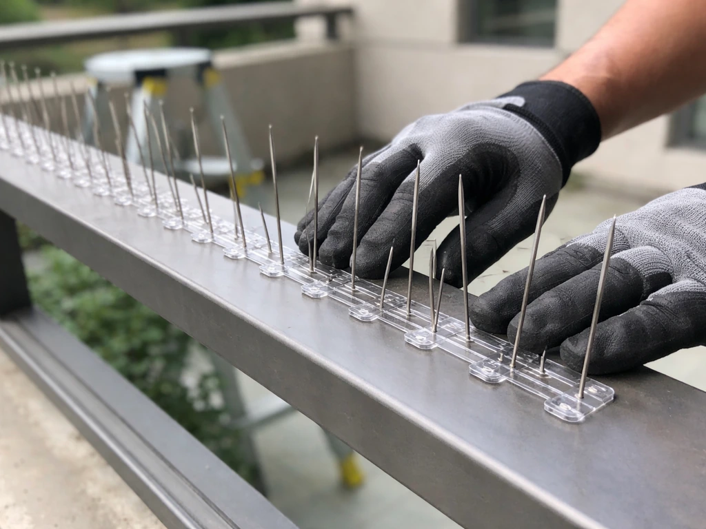 Close-up of stainless steel bird spike strip being installed along a balcony railing