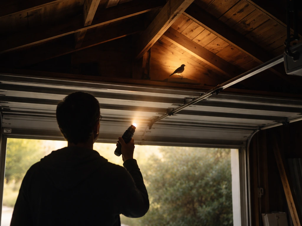 Open garage with visible rafters; a silhouetted bird near the beams while a distant person holds a flashlight.