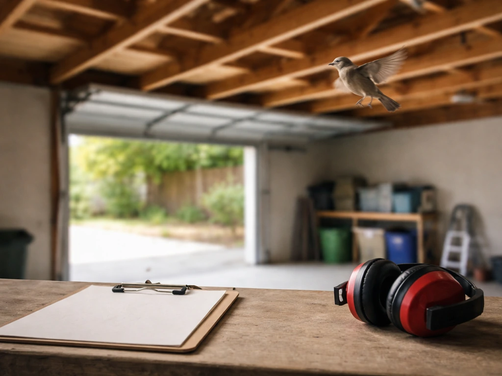 Garage rafters with an alert bird fluttering low near the ceiling and a blank checklist notepad nearby.