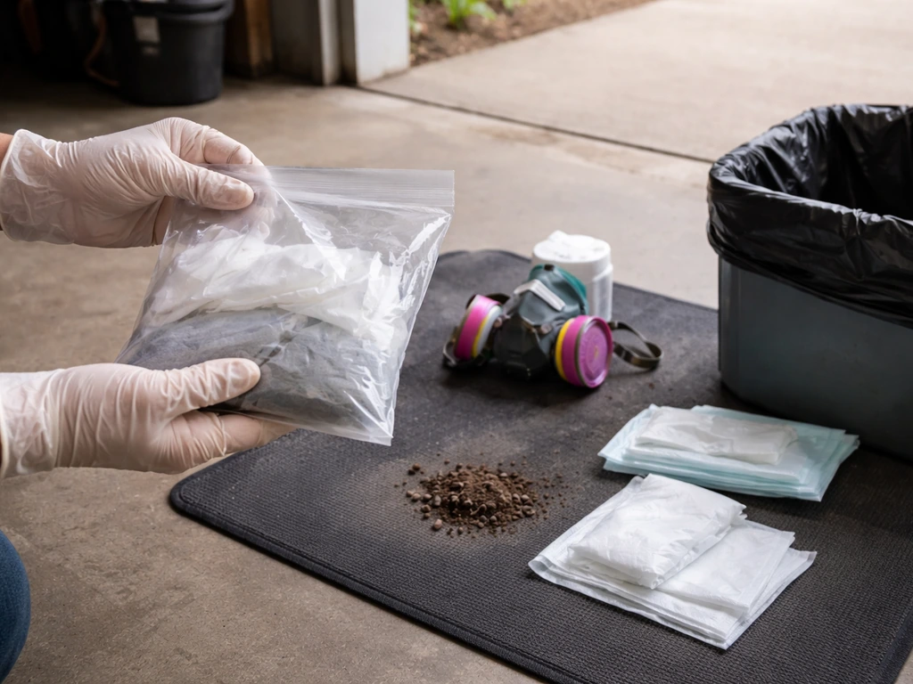 Gloved hands bagging damp wipes in an open garage, respirator PPE visible for low-dust droppings cleanup.