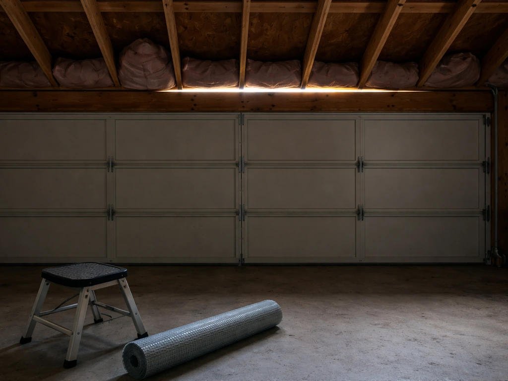 Sunny garage interior with a visible daylight gap under the eave/soffit and hardware cloth ready to seal.