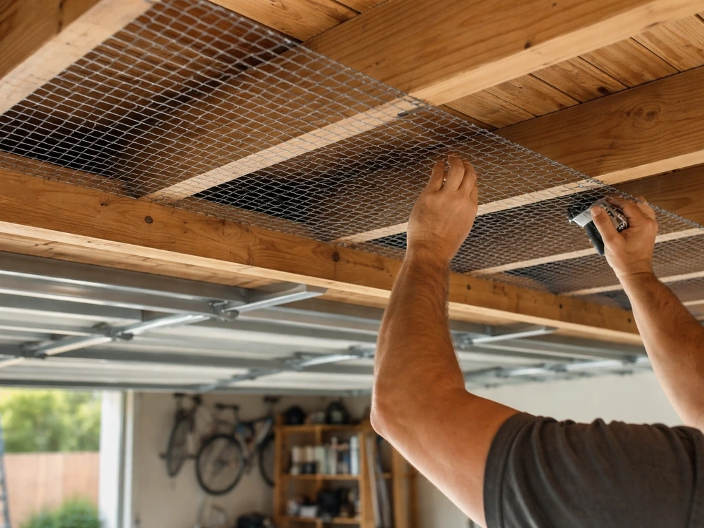 Hands installing hardware cloth over exposed garage rafters to block birds while keeping airflow.