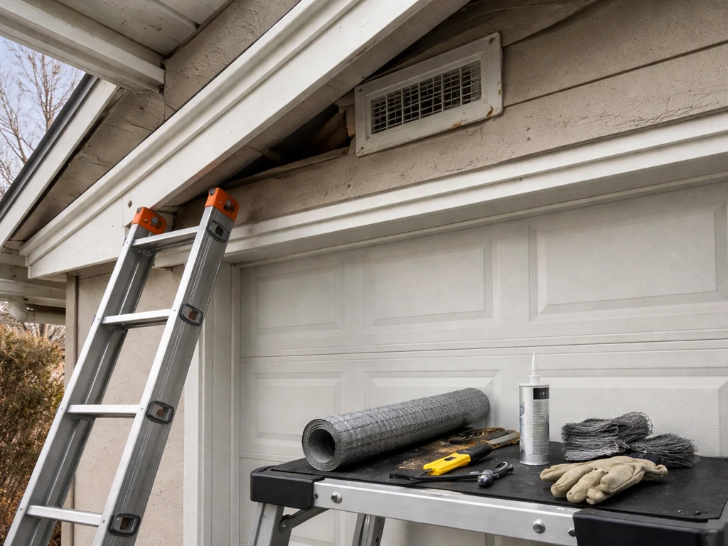 Inspection kit at a garage roofline with ladder and sealant materials for late-winter and spring proofing