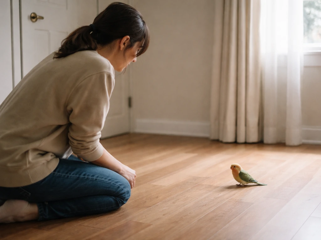 Person kneeling indoors with doors and curtains shut, quietly keeping distance as a small bird stays nearby.