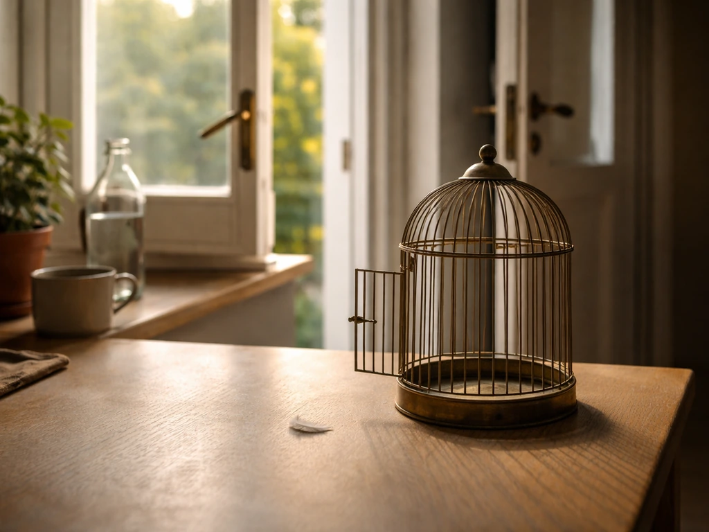 Open cage and an ajar door/window on a tabletop, suggesting how a pet bird could escape.