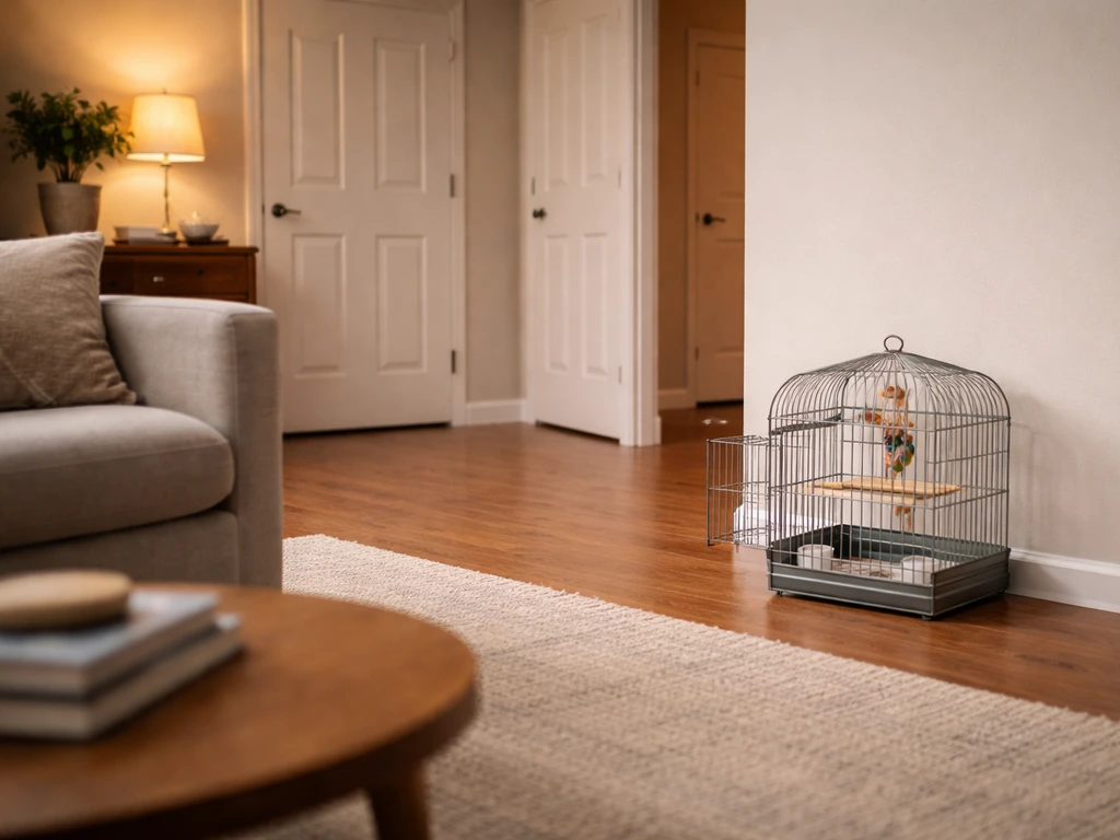 Living room setup with interior doors closed, lights on, and an open bird cage as a safe destination.