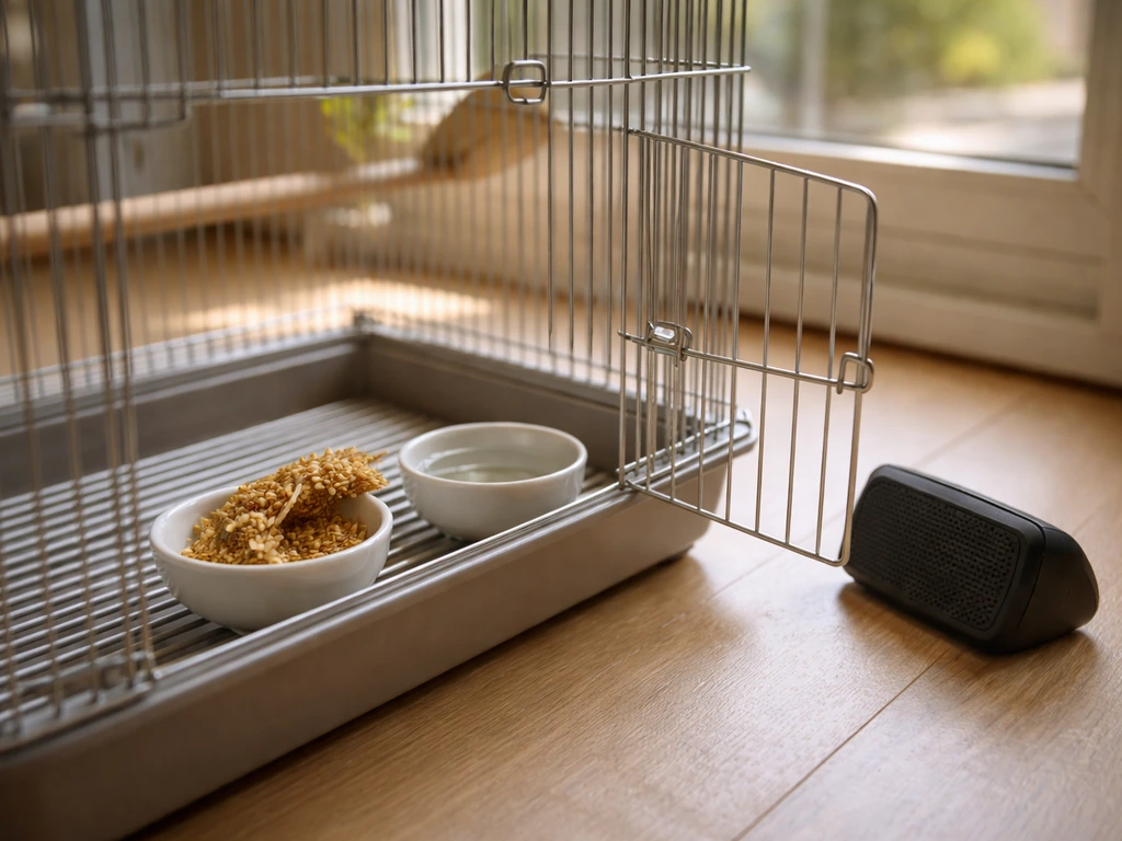 Open bird cage with visible millet and water; a phone/speaker nearby as if playing bird calls