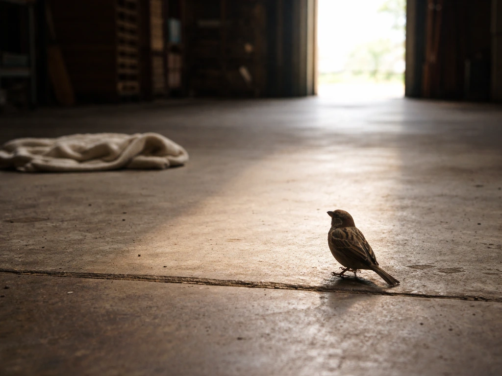 Small bird perched near an open warehouse doorway as a humane rescue setup creates a safe exit route
