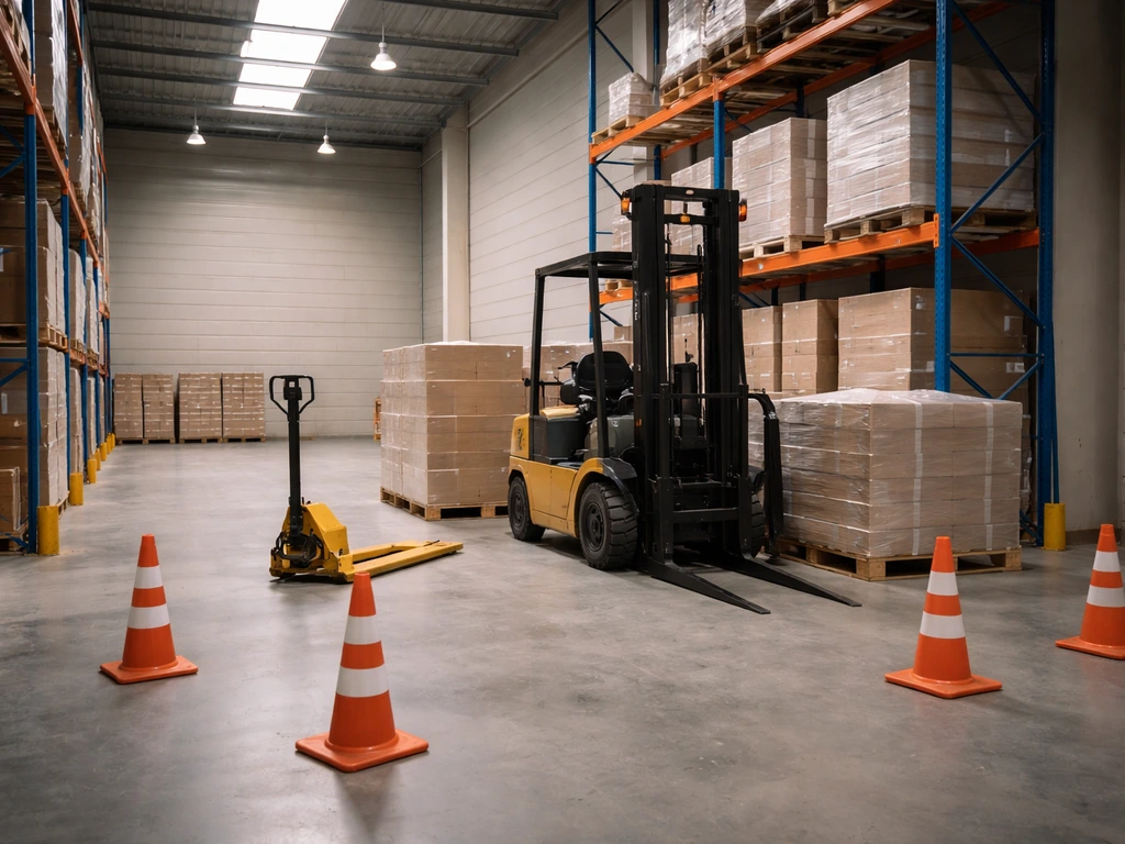 Quiet warehouse bay with a stopped forklift and pallet jack, safety cones marking an area for a bird rescue.