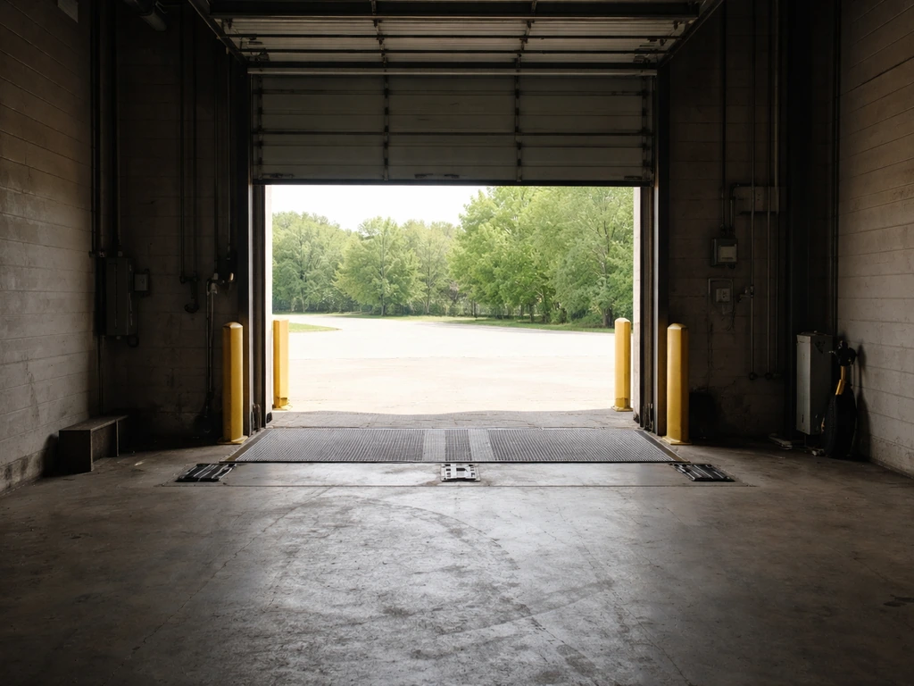 Empty loading dock with rolled-up door and bright outdoor exit visible, interior kept dim.