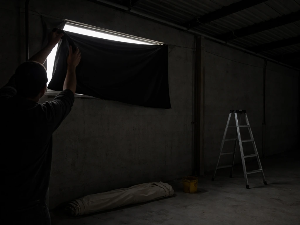 Person installing a dark blackout panel over a warehouse window to block light