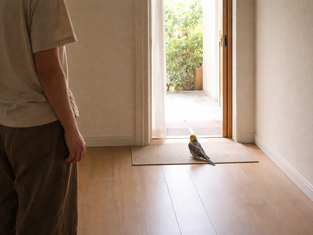 Quiet indoor scene with a small bird near an open exit and a person calmly at a safe distance behind it.