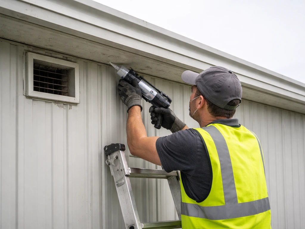 Worker in a warehouse exterior uses sealant along roof eaves to block bird entry gaps