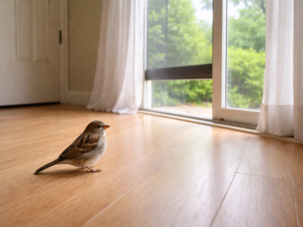 A small bird inside near an open window as curtains are drawn and doors closed to guide it out safely.