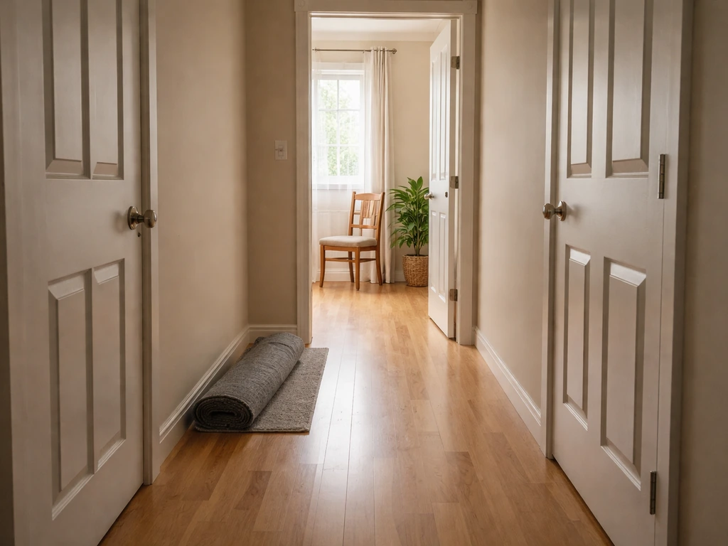 Empty hallway with interior doors closed and obstacles cleared near an open exit doorway to confine a bird.