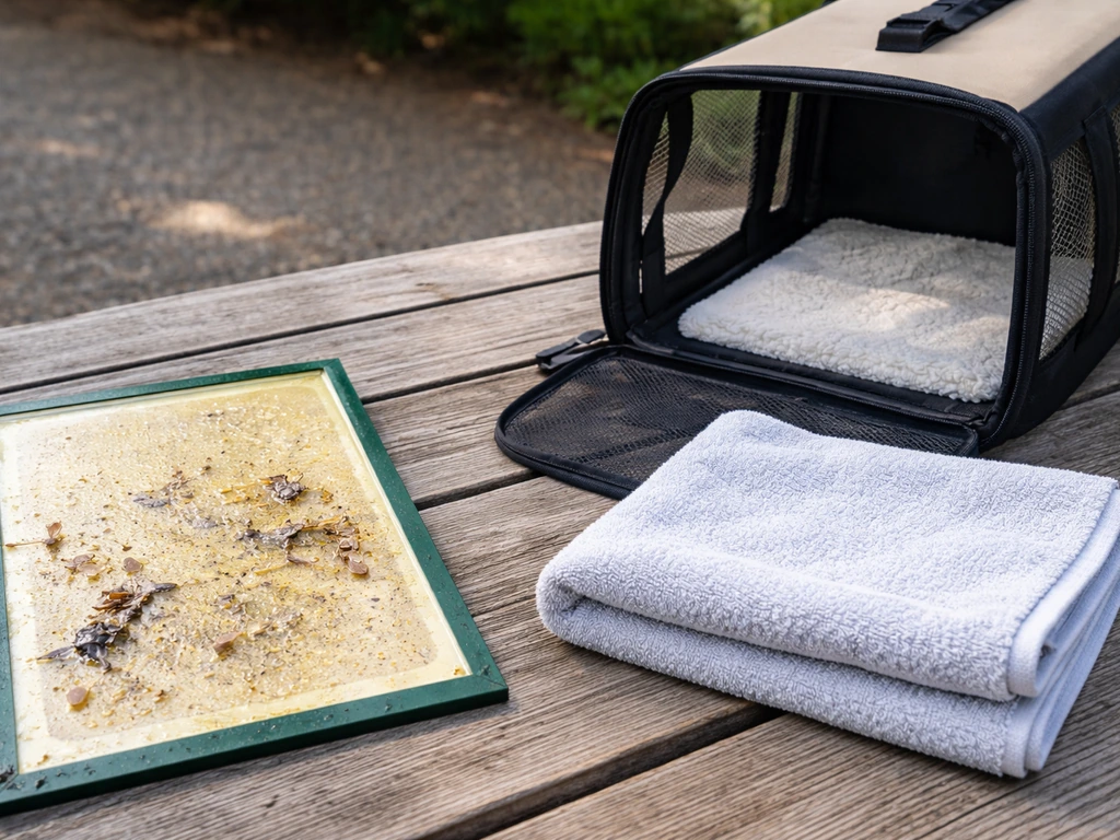 Close-up of a removed sticky trap board beside a humane option: a clean towel and open transport box outdoors