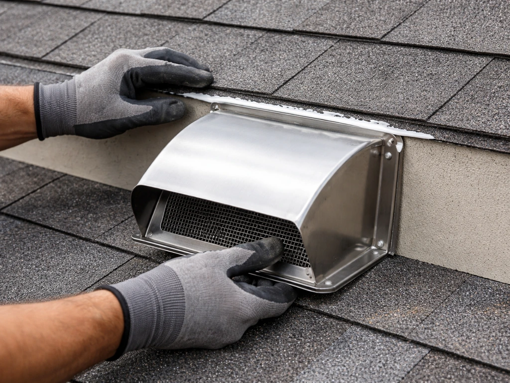 Hand sealing a gap on a roof edge while installing a screened exterior vent cover over an opening