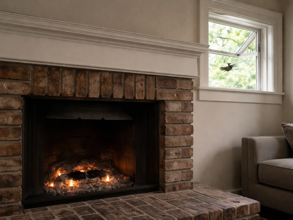 Close-up of a fireplace with the damper shut and an open upstairs window letting a bird escape.