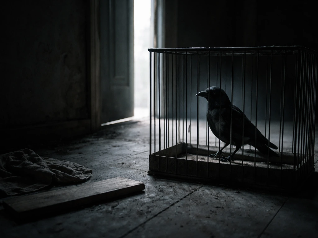 Dark crow perched behind metal bars in a dim room, moody light suggesting a horror-game encounter.