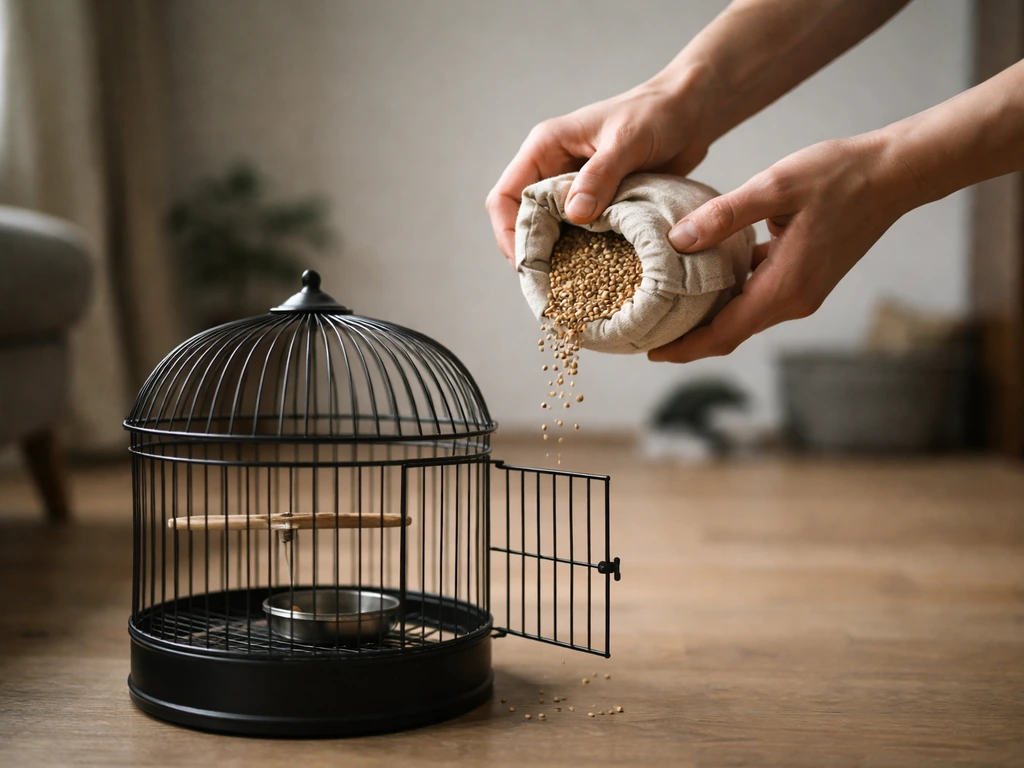 Player holds a small birdseed bag above a crow cage inside a dim room, ready to pour quickly.