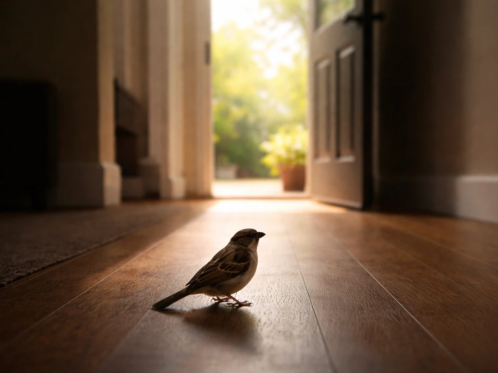Small bird near an open house door, wings still, with a dim room suggesting a humane escape route.