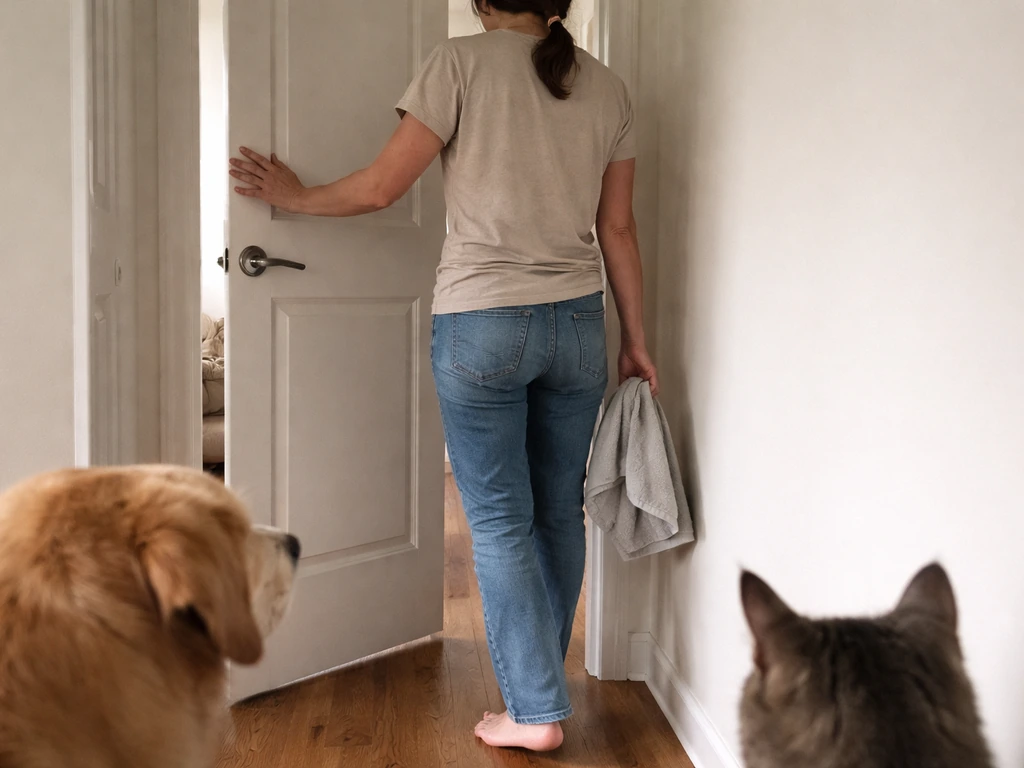 Person gently closing a door to keep a small bird’s room calm while pets are guided away
