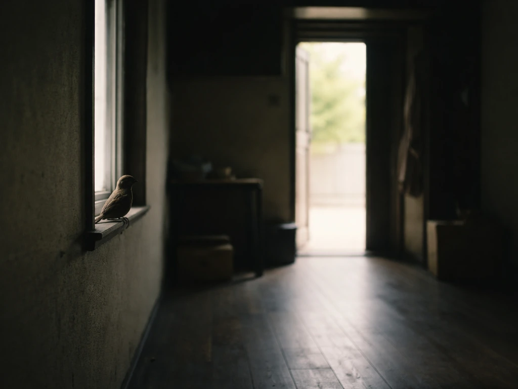 Dim room with most lights off and a brighter doorway guiding a bird outward.
