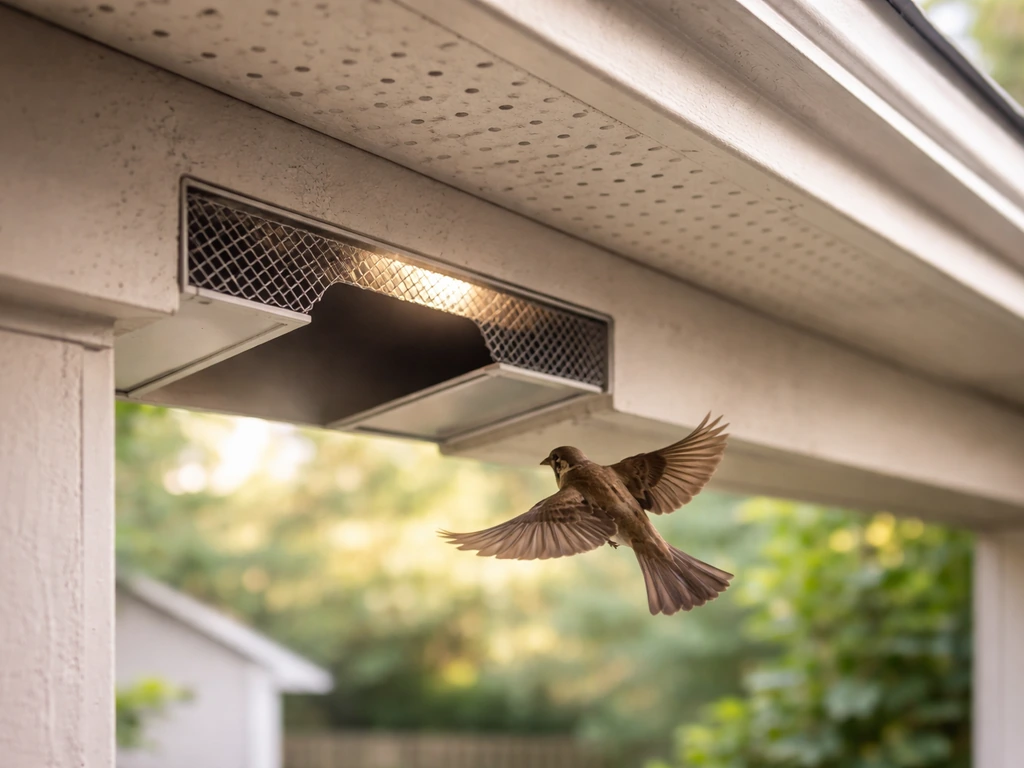A sparrow flies toward a bright exit opening under a roof eave with a one-way barrier setup.