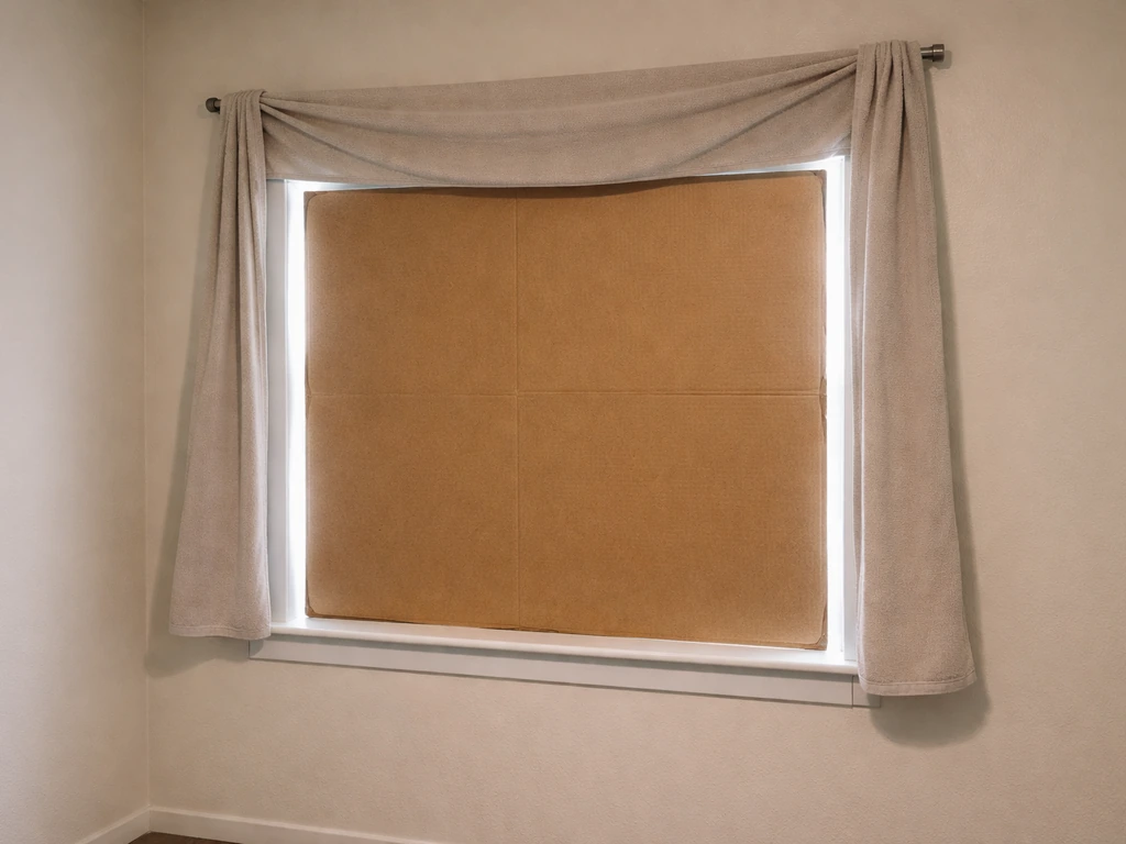Towel and cardboard fully cover a closed window to prevent a bird from colliding, in a quiet room.