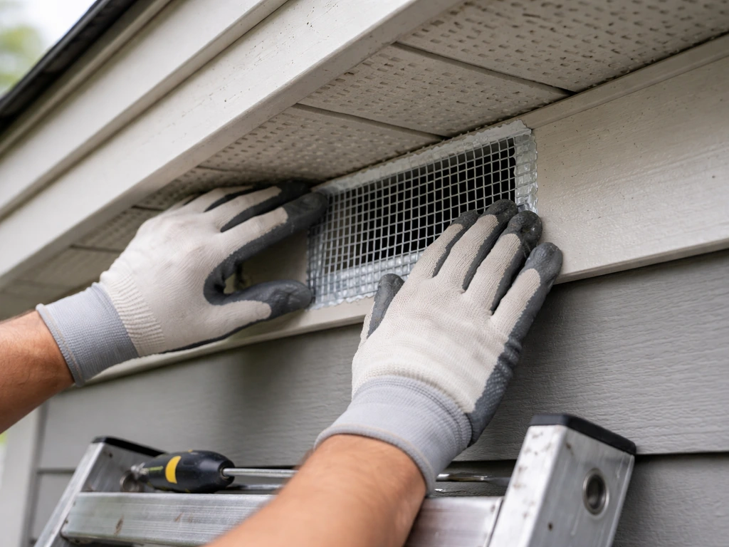 Homeowner inspecting a roof soffit vent and sealing a small opening with galvanized mesh