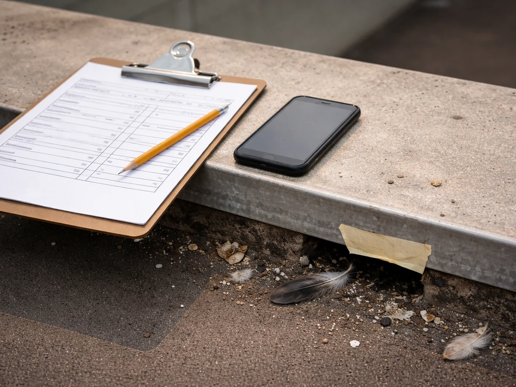 Close-up of a phone and checklist near a balcony/roof edge showing where birds enter and roost.