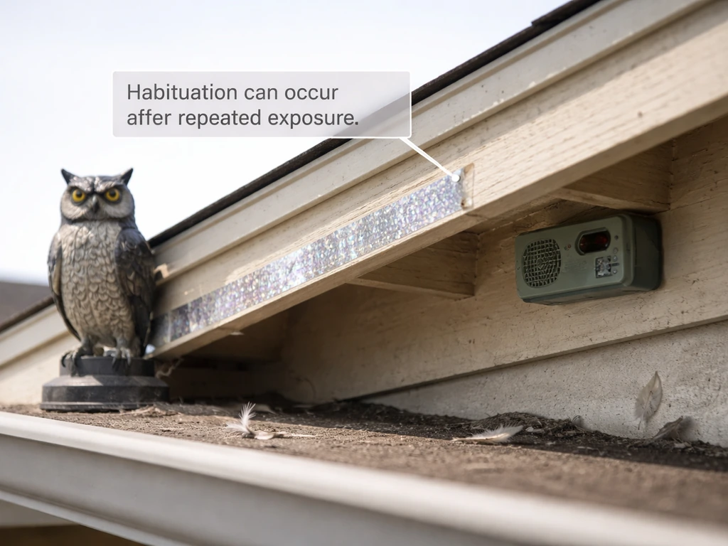 Attic eave with owl decoy, reflective tape, and a noisemaker device; label shows habituation after repeated exposure.
