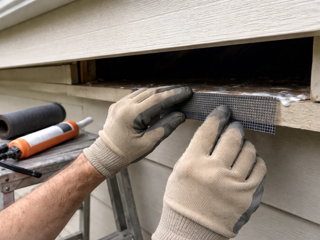 Gloved hands applying caulk and mesh over a soffit vent gap to exclude birds.